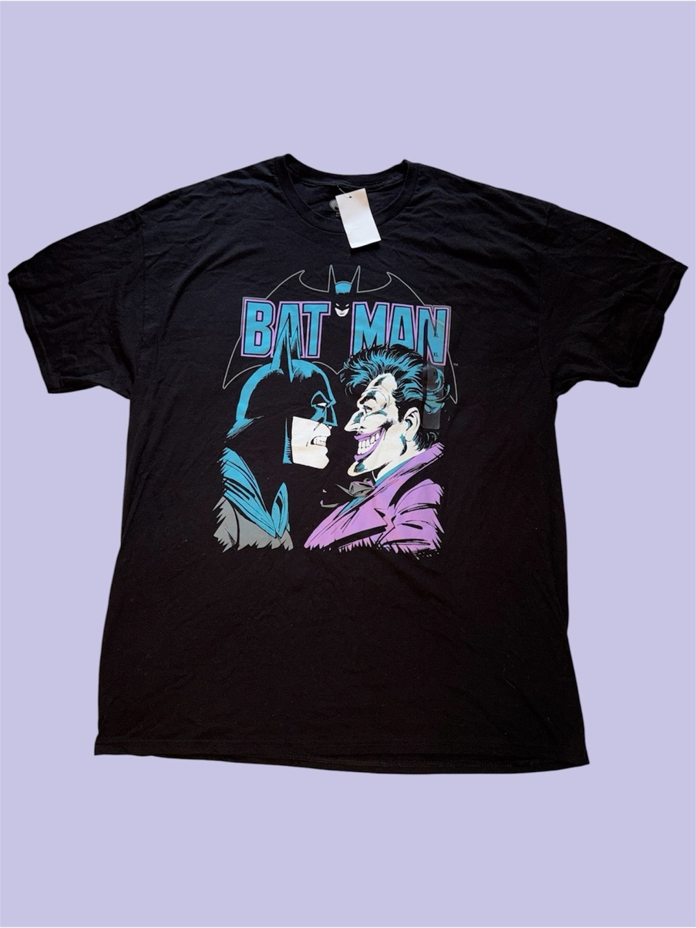 Batman Black Short Sleeve Tee with Blue and Purple Batman and Joker Graphic